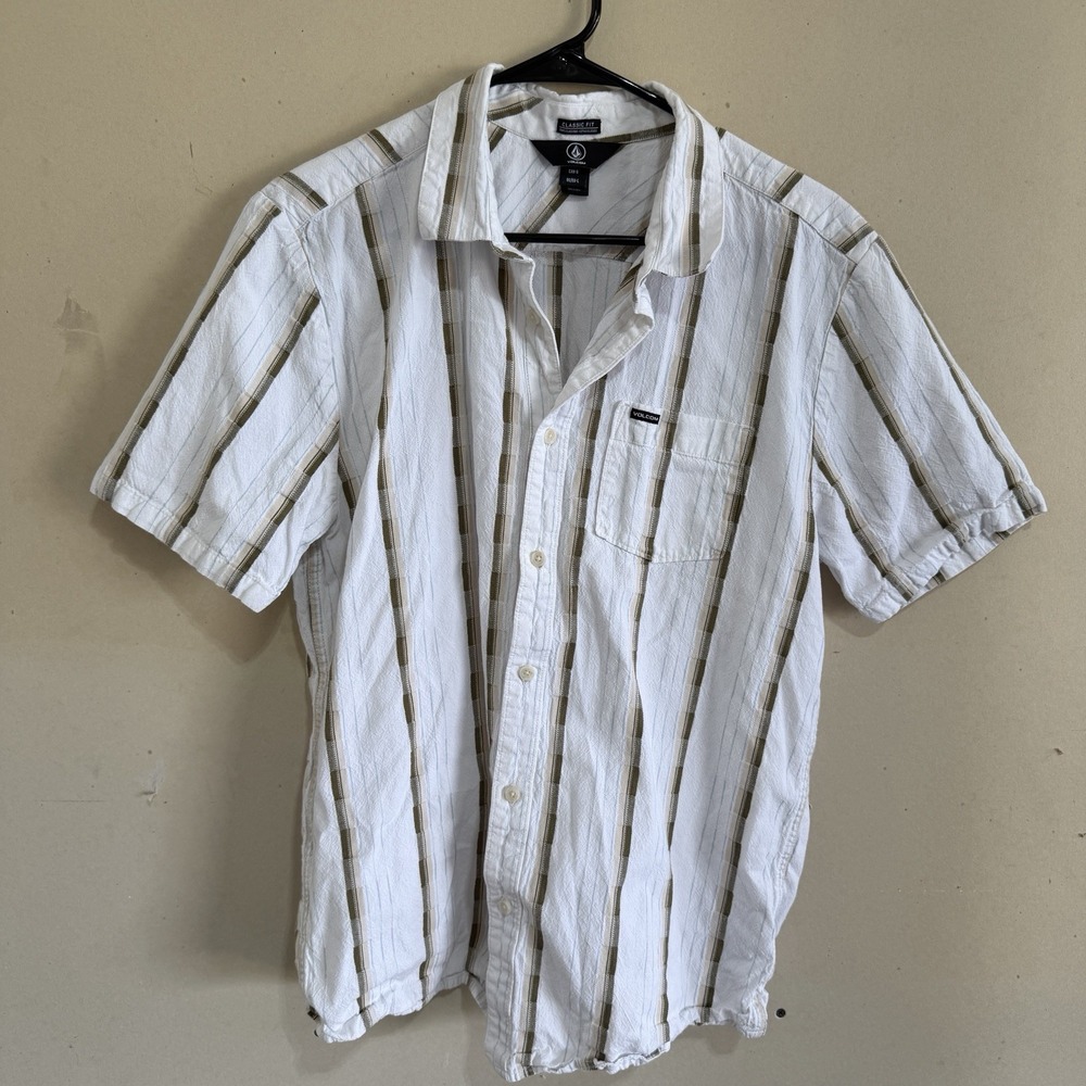 Volcom Barrun Stripe Short Sleeve Button Down Shirt Men's Large White